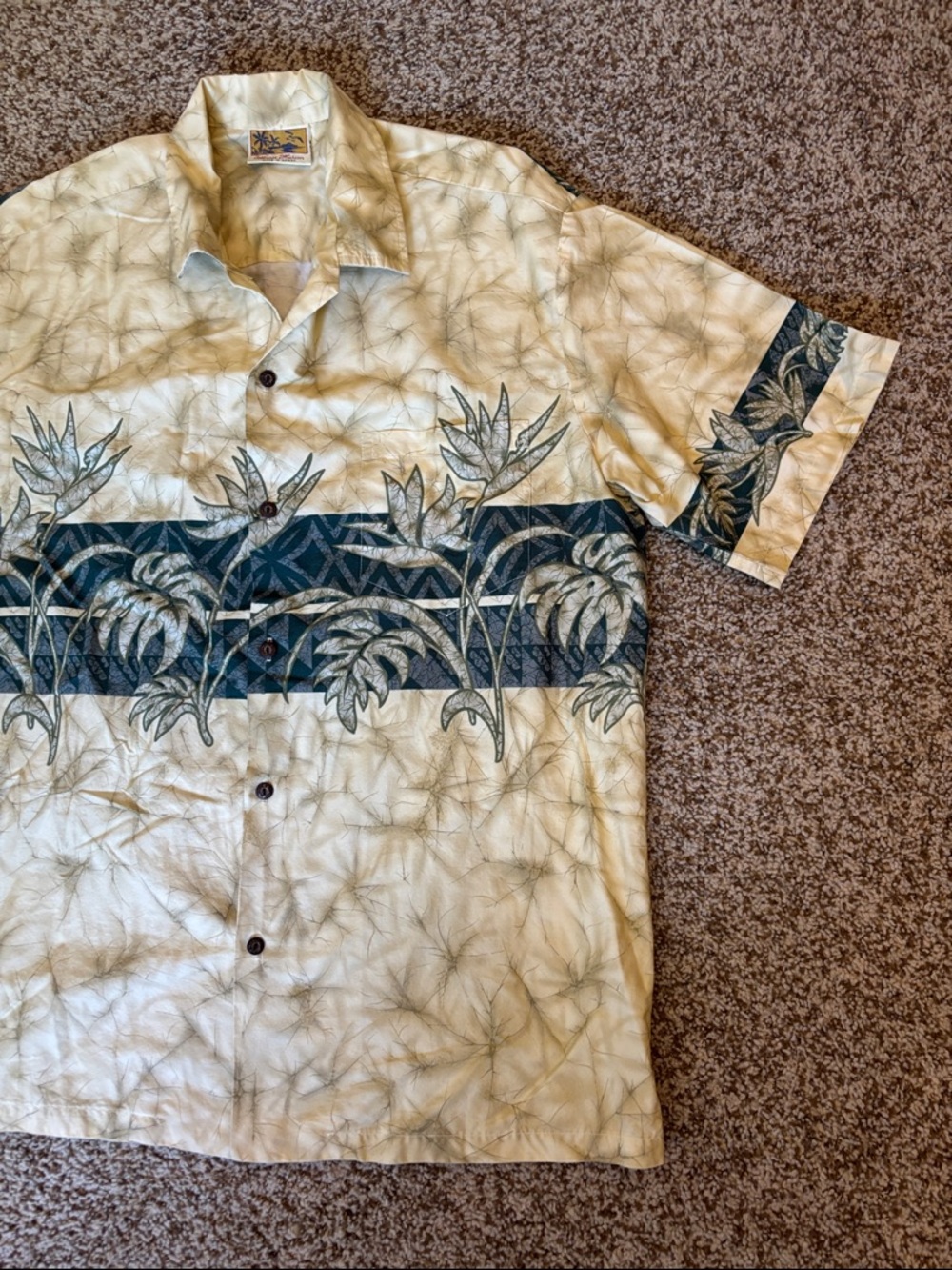 Winnie Fashion Men's Tropical Button-Up Shirt, Cream & Teal made in Hawaii